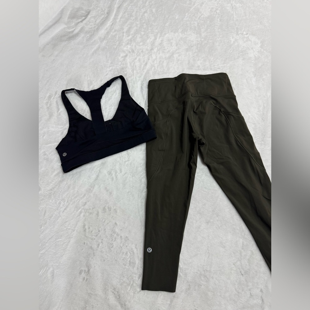 Lululemon Women's Black Sports Bra and Olive Capris